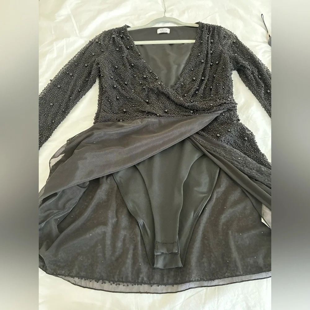 Oh Polly Chelsea Embellished Wrap Over A-Line Mini Dress – Black - Picture 7 of 10
